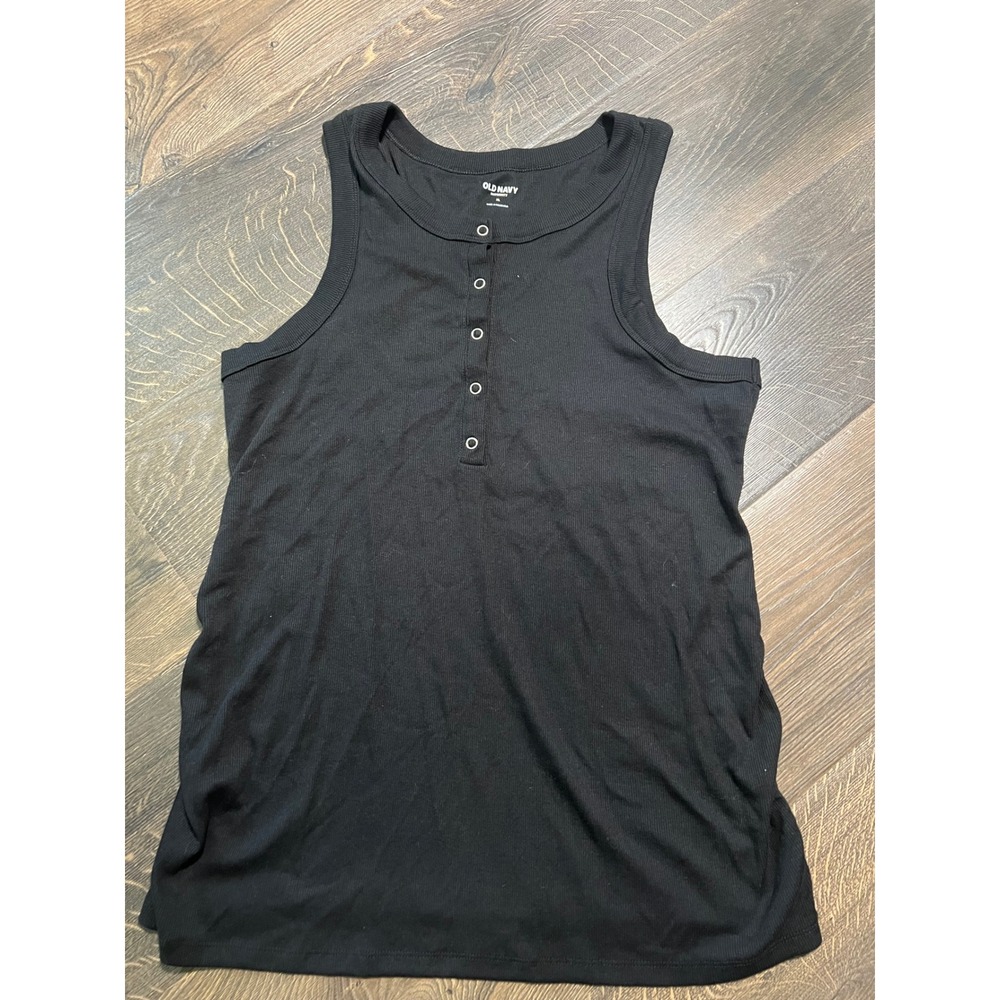 Old Navy Maternity XL Black Ribbed Henleyβ Tank Top Side Ruched Sleeveless Shirt